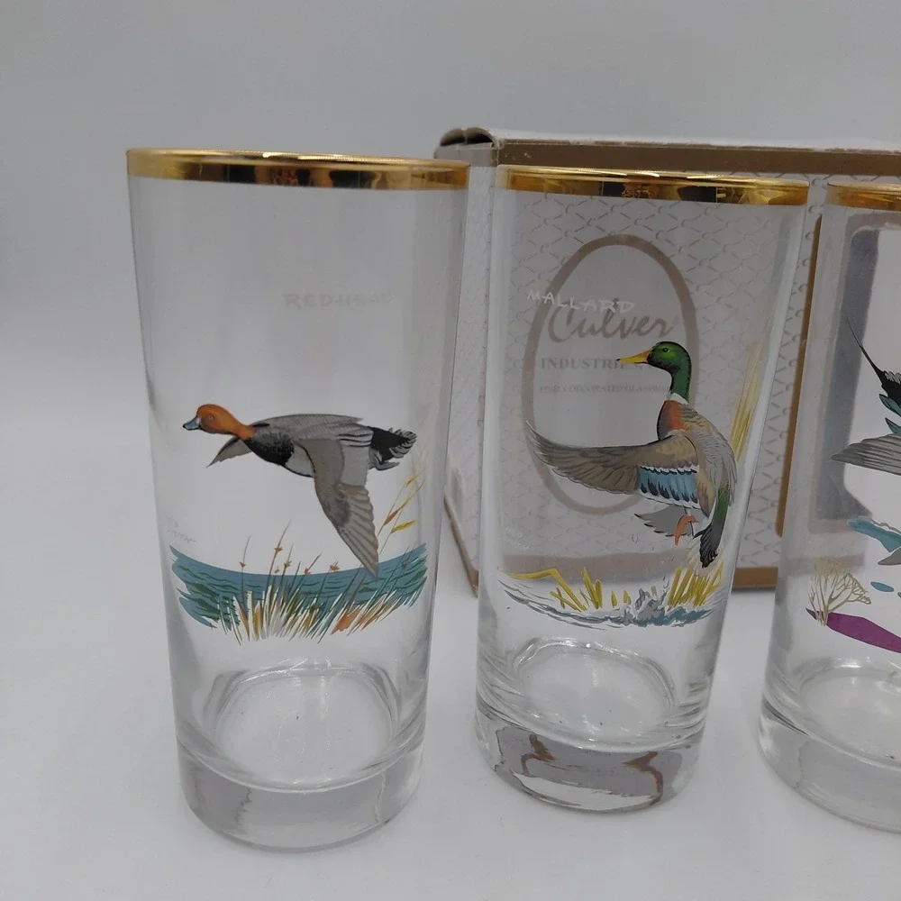 Ned Smith Culvers Highball Glasses Set 4 Duck Waterfowl Cabin Beer Hunting NOS